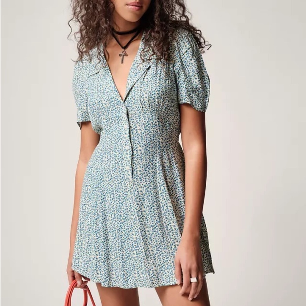 Urban Outfitters Crowley Blue Green Collared Floral Mini Dress